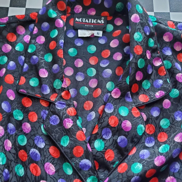 VTG 80s Black with Multicolored Polka Dot Rayon Blouse by Notations Sz 6 - Picture 3 of 8